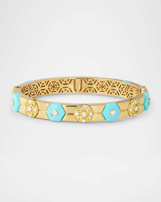 Baia Sommersa Bangle in 18K Yellow Gold with White Diamonds, Yellow Sapphires and Turquoise